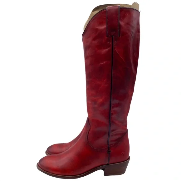 NEW Frye Carson Leather Pull On Heeled Tall Riding Boot in Crimson Red Size 6 - Picture 4 of 12